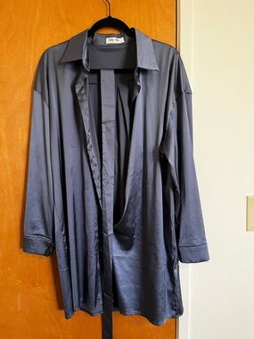 Women's Long Sleeve Satin Shirt Dress in Charcoal